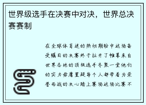世界级选手在决赛中对决，世界总决赛赛制