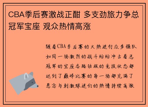 CBA季后赛激战正酣 多支劲旅力争总冠军宝座 观众热情高涨