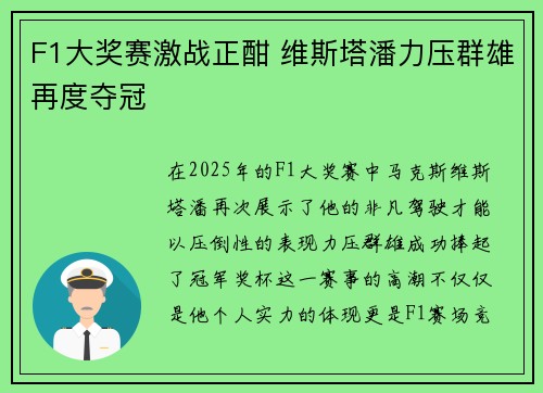 F1大奖赛激战正酣 维斯塔潘力压群雄再度夺冠